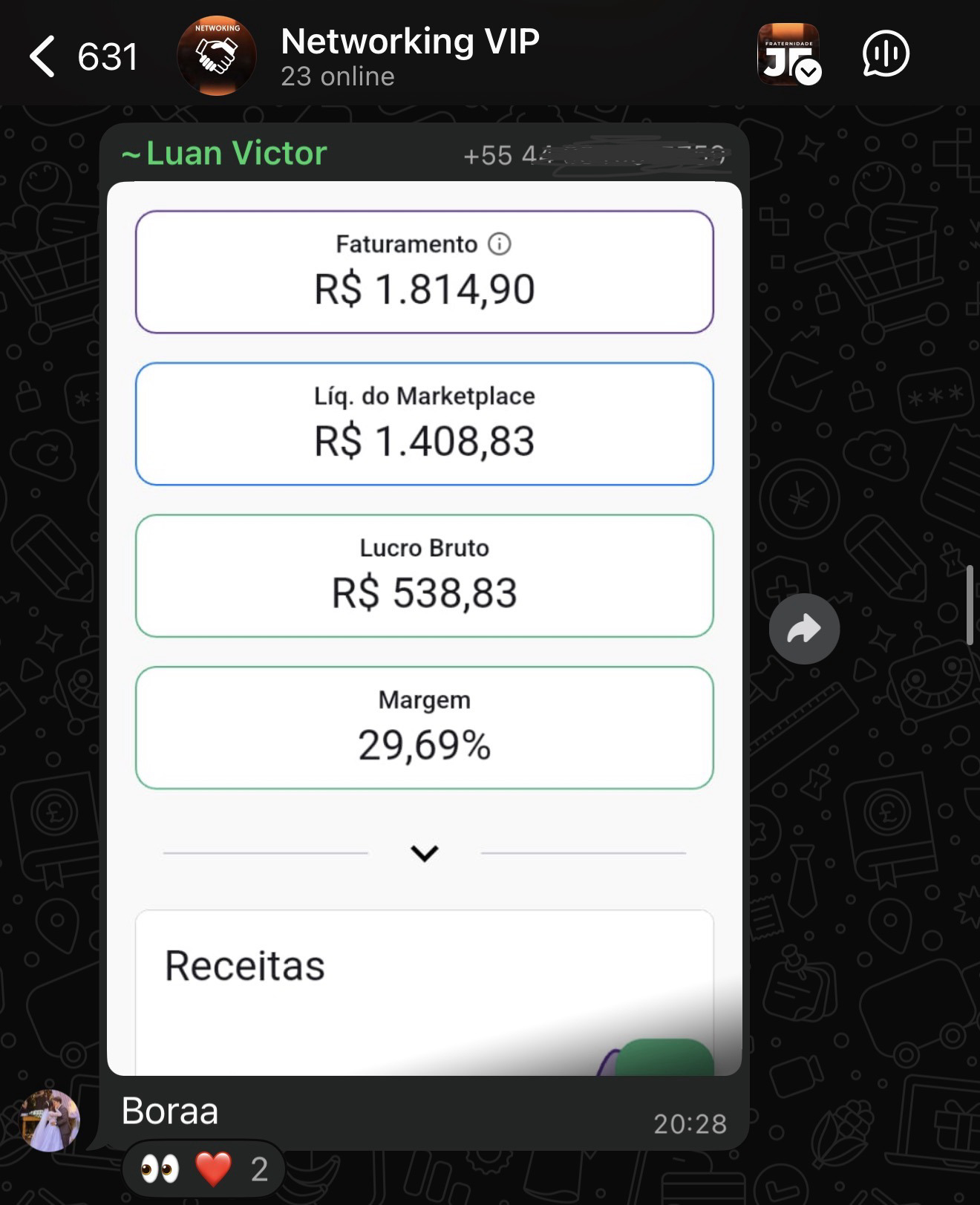 Resultado de faturamento e margem compartilhado por Luan Victor