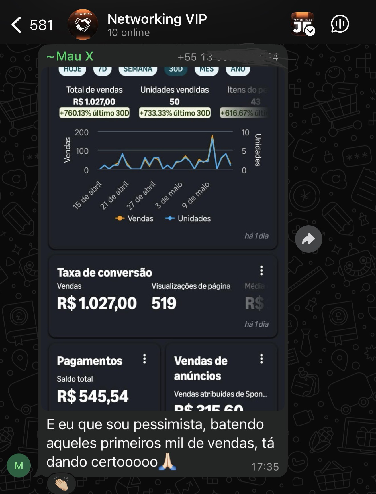 Primeiros mil reais em vendas compartilhados por Mau X